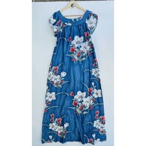 SUN FASHIONS Honolulu Vintage Hawaiian Dress Mumu Blue Batik GORGEOUS! Womens 12